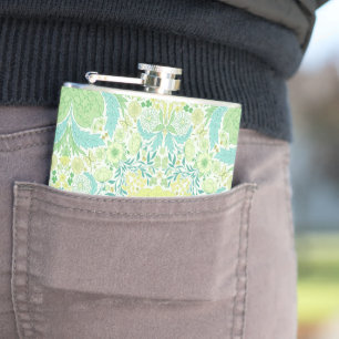Retro garden florals in green and yellow hip flask