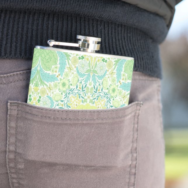 Retro garden florals in green and yellow hip flask (In Situ)