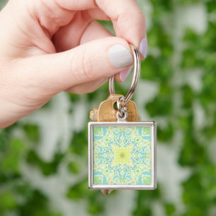 Retro garden florals in green and yellow key ring