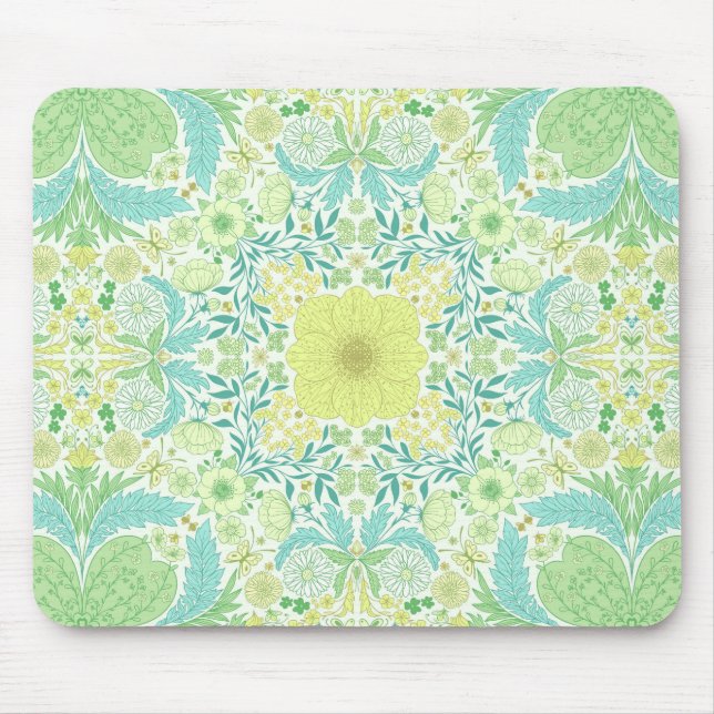 Retro garden florals in green and yellow mouse mat (Front)