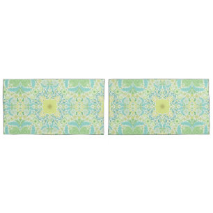 Retro garden florals in green and yellow pillowcase