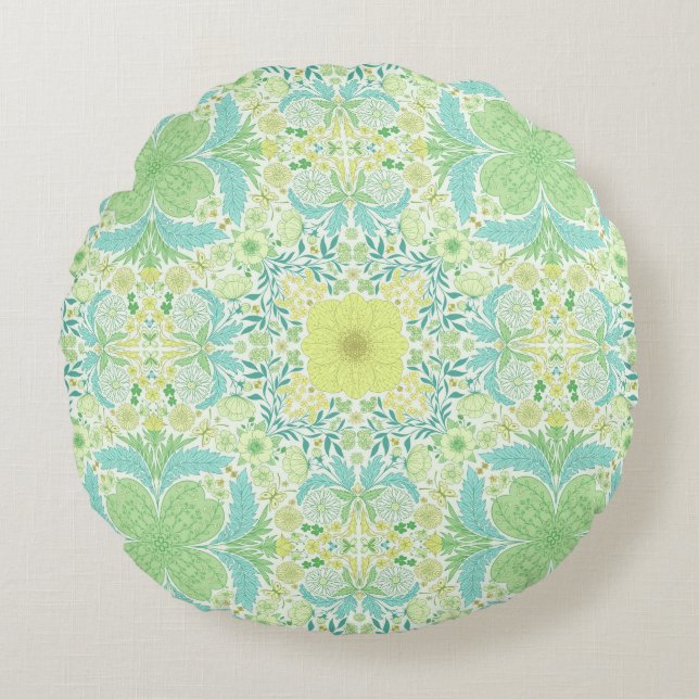 Retro garden florals in green and yellow round cushion (Front)
