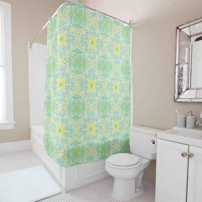 Retro garden florals in green and yellow shower curtain (In Situ)