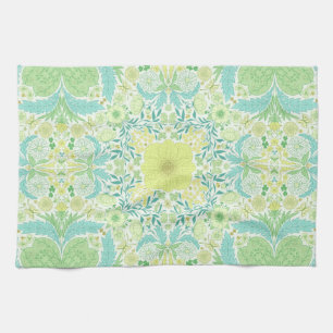 Retro garden florals in green and yellow tea towel