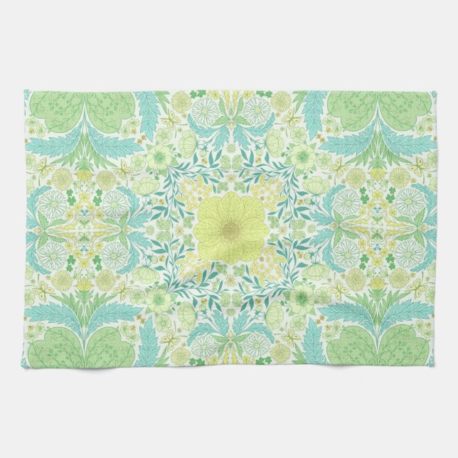 Retro garden florals in green and yellow tea towel (Horizontal)
