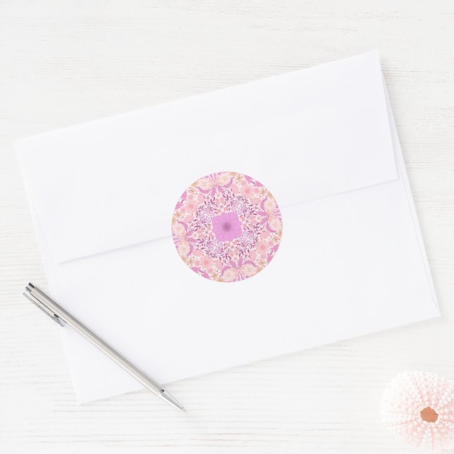 Retro garden florals  in pink classic round sticker (Envelope)