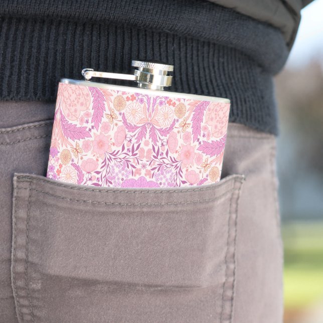 Retro garden florals  in pink hip flask (In Situ)
