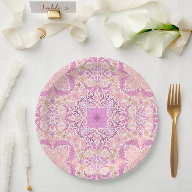 Retro garden florals  in pink paper plate (Wedding)