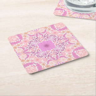 Retro garden florals in pink square paper coaster