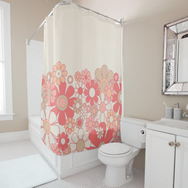 Retro Garden Flower Cuff Pink Peach 60s Pastel Shower Curtain (In Situ)