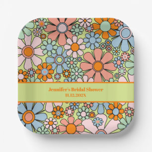 Retro Garden Flowers 60s 70s Boho Floral Pattern Paper Plate