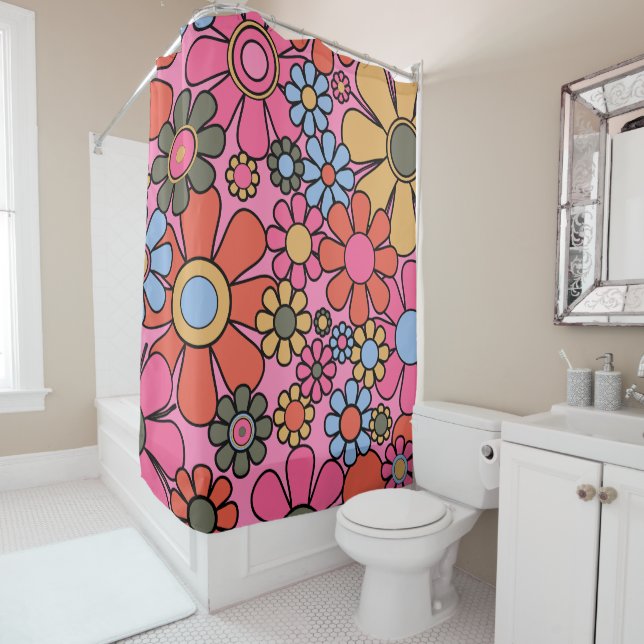 Retro Garden Flowers 60s 70s Bright Floral Pattern Shower Curtain (In Situ)