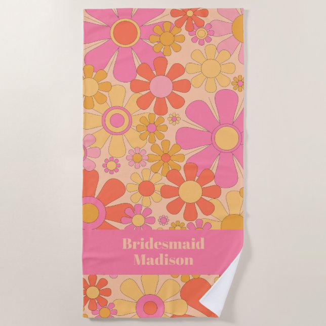 Retro Garden Flowers 60s 70s Floral Bridesmaid Beach Towel (Front)