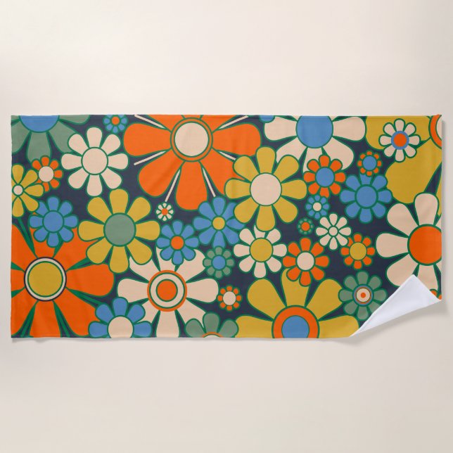 Retro Garden Flowers 60s 70s Floral Pattern Beach Towel (Front)