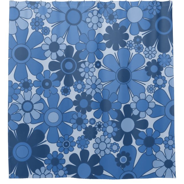 Retro Garden Flowers 60s 70s Floral Pattern Blue Shower Curtain (Front)