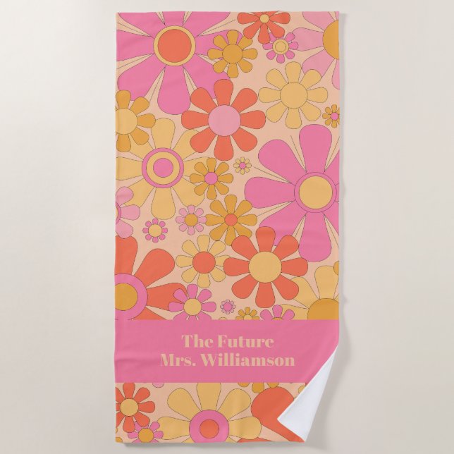 Retro Garden Flowers 60s 70s Floral Pattern Bride Beach Towel (Front)