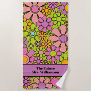 Retro Garden Flowers 60s 70s Floral Pattern Bride Beach Towel