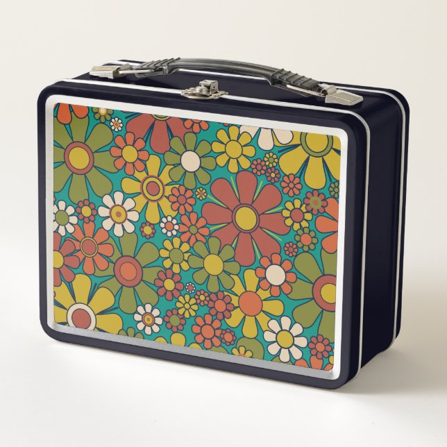 Retro Garden Flowers 60s 70s Floral Pattern Metal Lunch Box (Front)