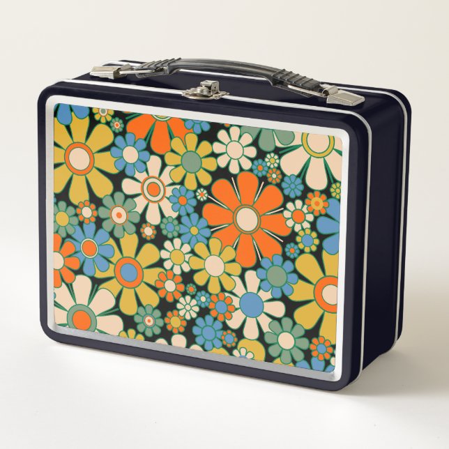 Retro Garden Flowers 60s 70s Floral Pattern Metal Lunch Box (Front)