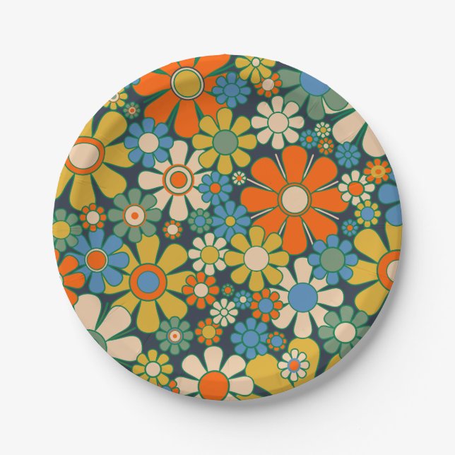 Retro Garden Flowers 60s 70s Floral Pattern Paper Plate (Front)