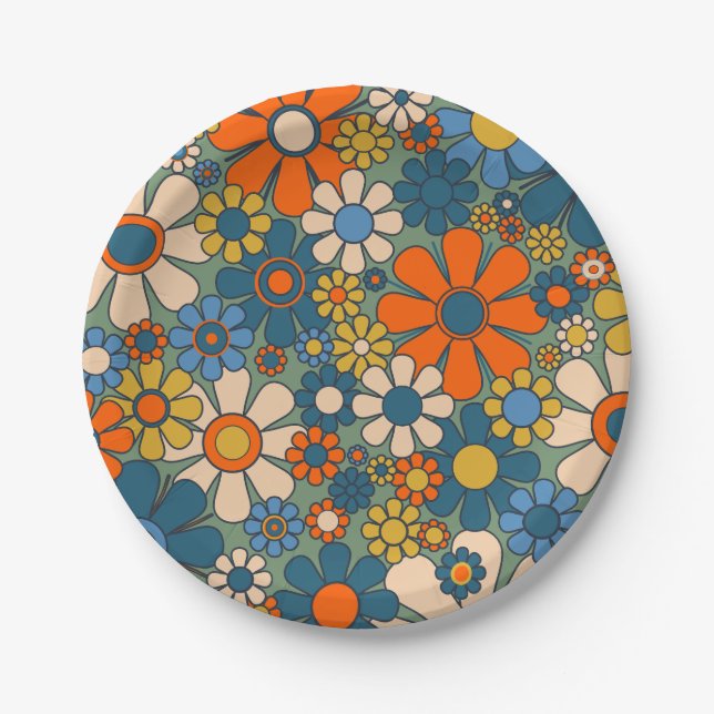 Retro Garden Flowers 60s 70s Floral Pattern Paper Plate (Front)