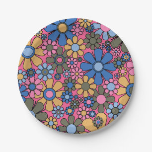 Retro Garden Flowers 60s 70s Floral Pattern Paper Plate