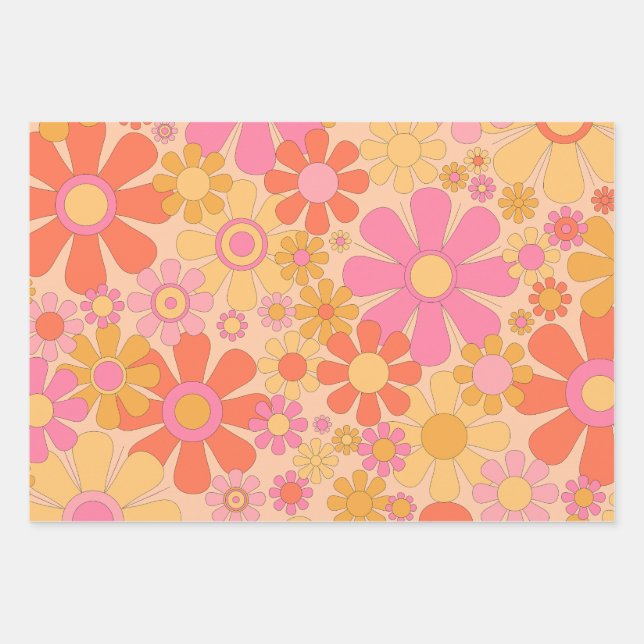 Retro Garden Flowers 60s 70s Floral Pattern Pink Wrapping Paper Sheet (Front)