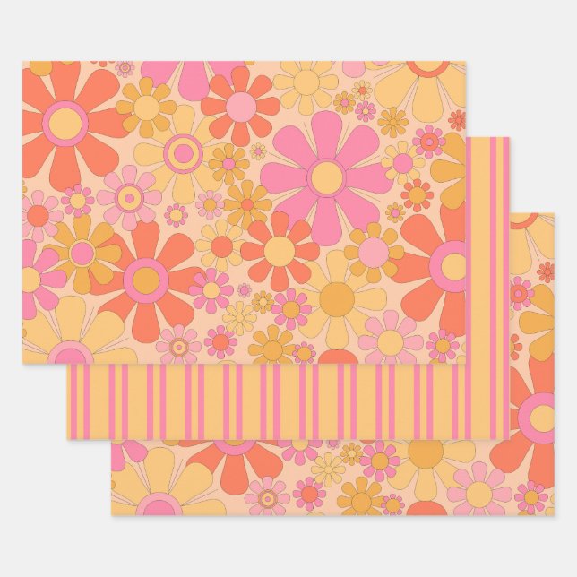 Retro Garden Flowers 60s 70s Floral Pattern Pink Wrapping Paper Sheet (Set)