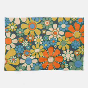 Retro Garden Flowers 60s 70s Floral Pattern Tea Towel