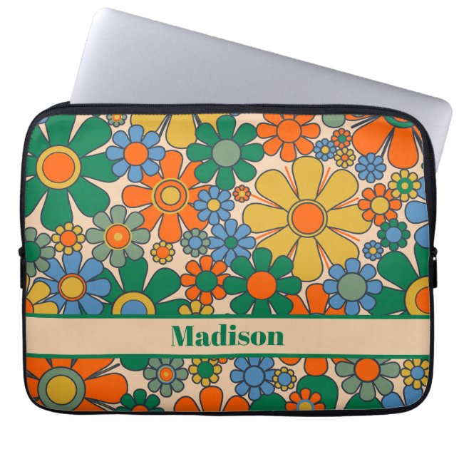 Retro Garden Flowers 60s 70s Floral Personalised Laptop Sleeve (Front)