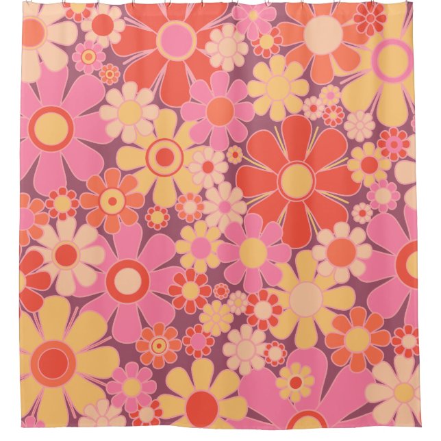 Retro Garden Flowers 60s 70s Pattern Pink Shower Curtain (Front)