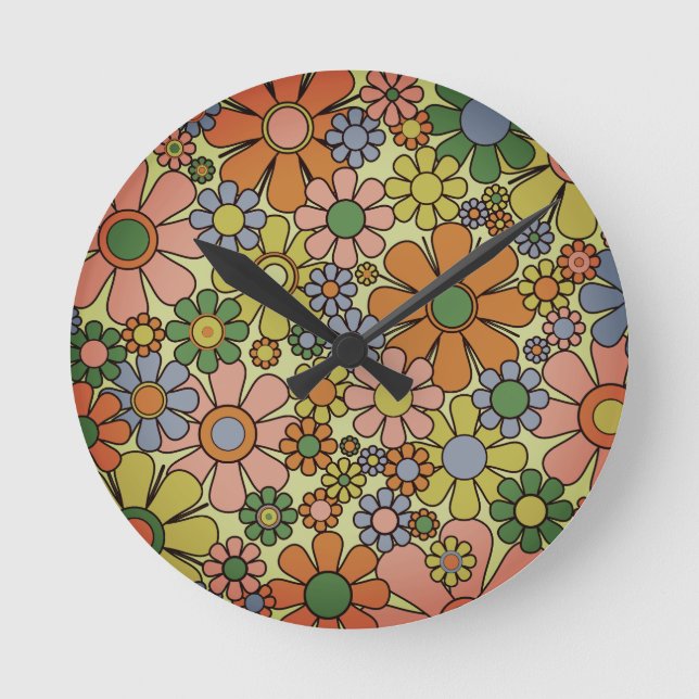 Retro Garden Flowers 60s 70s Spring Floral Pattern Round Clock (Front)