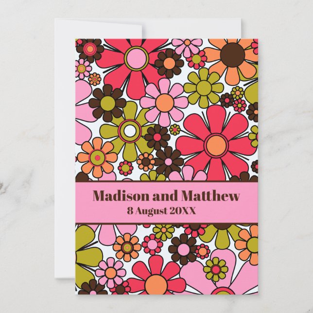 Retro Garden Flowers 60s Floral Pink and Brown Save The Date (Front)