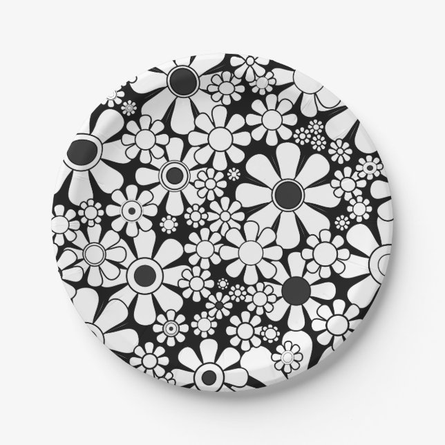 Retro Garden Flowers Black and White Floral  Paper Plate (Front)
