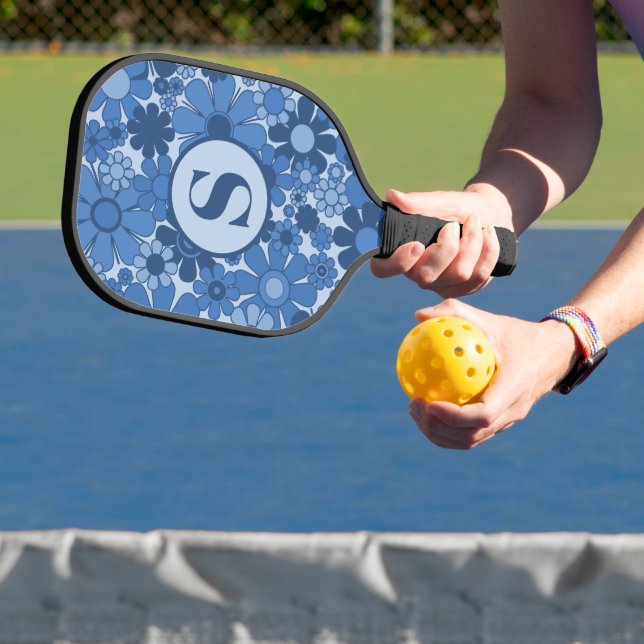 Retro Garden Flowers Blue Pattern with Initial Pickleball Paddle (Insitu)