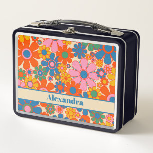 Retro Garden Flowers Colorful 60s 70s Floral Name Metal Lunch Box