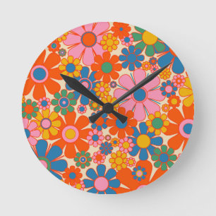Retro Garden Flowers Colorful 60s 70s Floral Round Clock