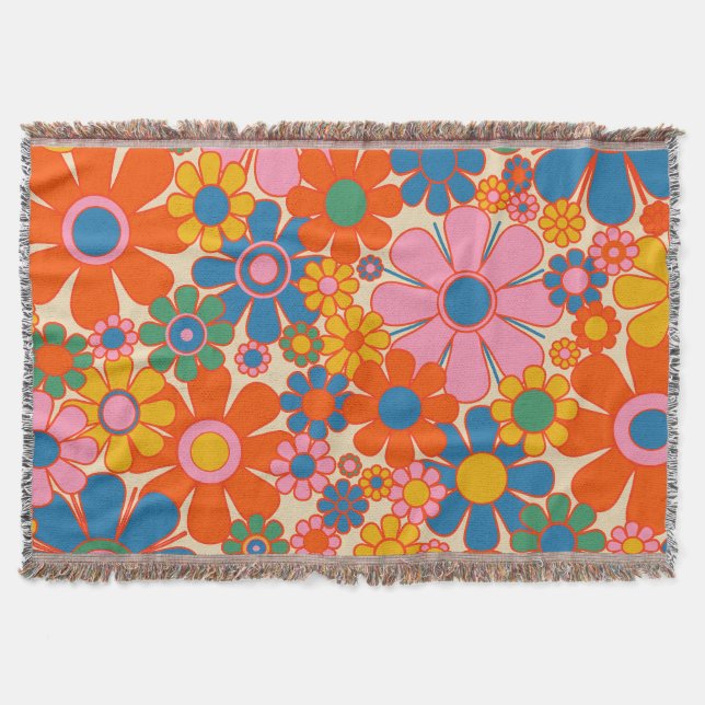Retro Garden Flowers Colourful 60s 70s Floral Throw Blanket (Front)