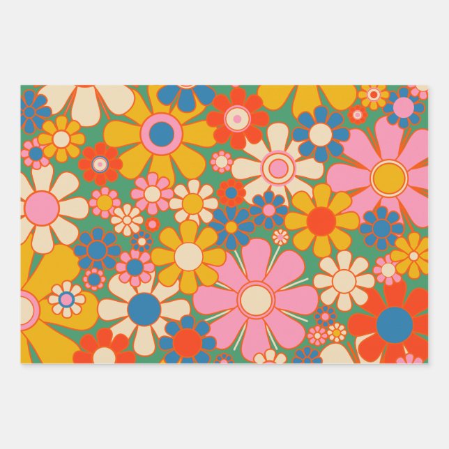 Retro Garden Flowers Colourful Floral Pattern Wrapping Paper Sheet (Front)
