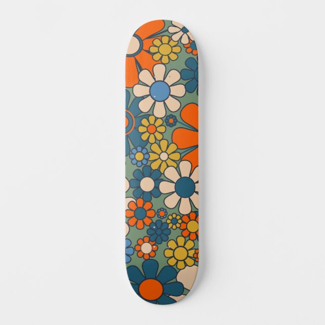 Retro Garden Flowers Floral Pattern Skateboard (Front)