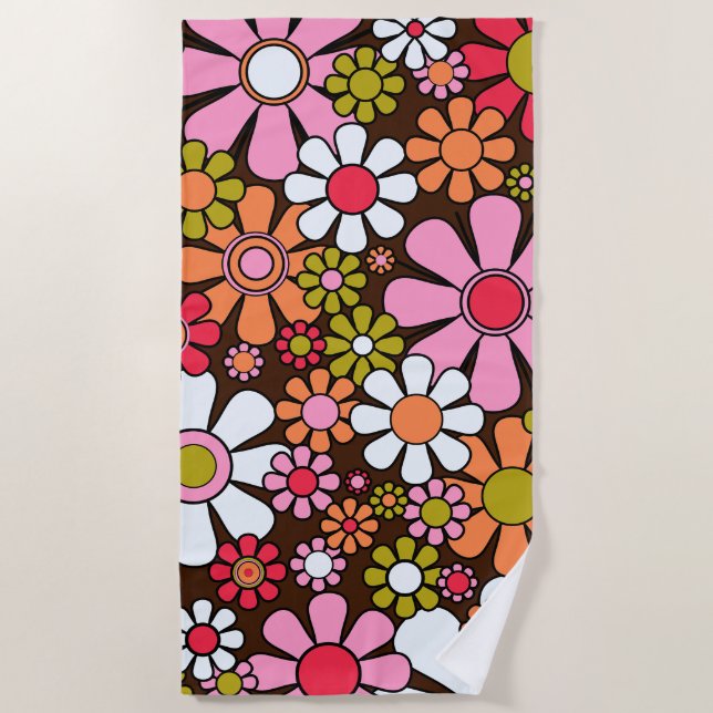 Retro Garden Flowers Groovy 60s 70s Floral Pattern Beach Towel (Front)