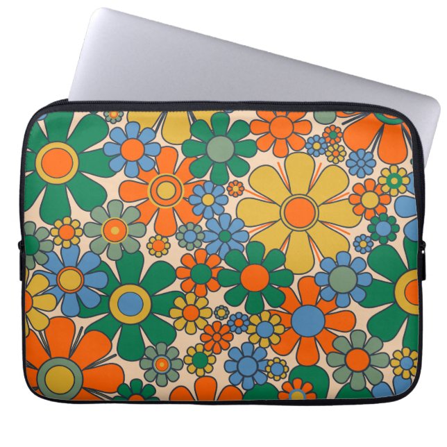 Retro Garden Flowers Groovy 60s 70s Floral Pattern Laptop Sleeve (Front)