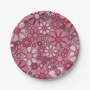 Retro Garden Flowers Groovy 60s 70s Floral Pattern Paper Plate