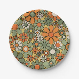 Retro Garden Flowers Groovy 60s 70s Floral Pattern Paper Plate