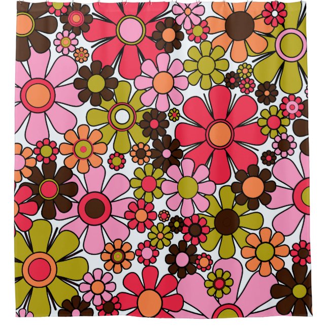 Retro Garden Flowers Groovy 60s 70s Floral Pattern Shower Curtain (Front)