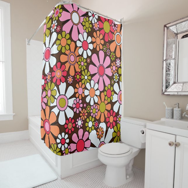 Retro Garden Flowers Groovy 60s 70s Floral Pattern Shower Curtain (In Situ)