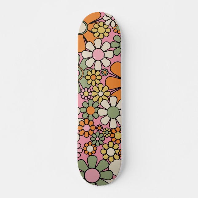 Retro Garden Flowers Groovy 60s 70s Floral Pattern Skateboard (Front)