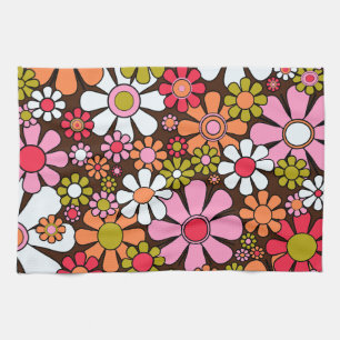 Retro Garden Flowers Groovy 60s 70s Floral Pattern Tea Towel