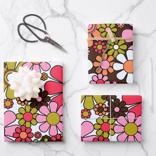 Retro Garden Flowers Groovy 60s 70s Floral Pattern Wrapping Paper Sheet (Front)