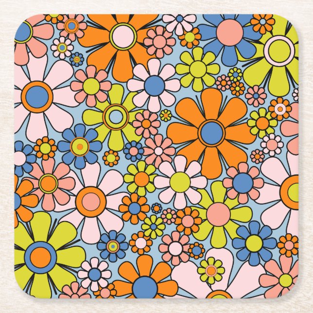 Retro Garden Flowers Groovy 60s 70s Spring Floral Square Paper Coaster (Front)